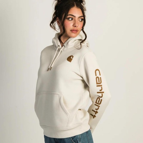 Carhartt Jackets & Blazers - Carhartt logo sleeve cream and brown pullover hoodie